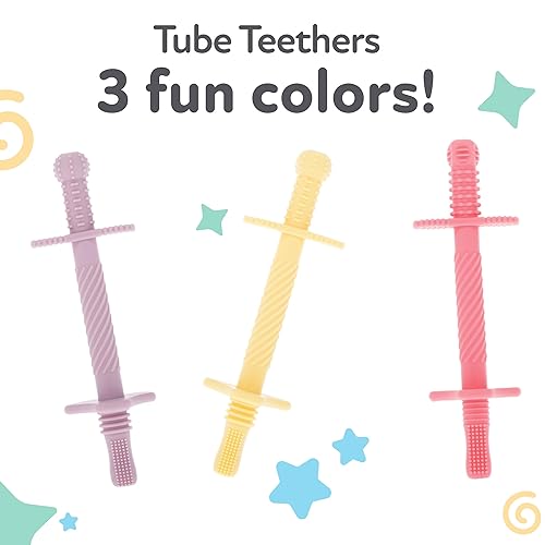 Miniatura 5 de Nuby Mordedores sensoriales de tubo de silicona  (paquete de 3) juguetes texturizados para bebés y bebés  3 meses en adelante, morado, rosa y