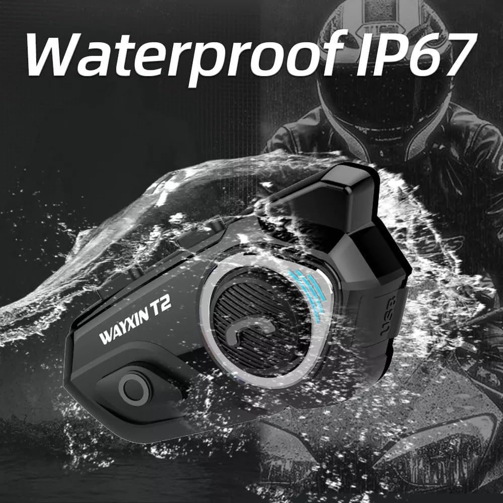 Imagem 3D do produto com fundo escuro e efeito de chuva/respingo; silhueta desfocada de motociclista ao fundo (contexto promocional).