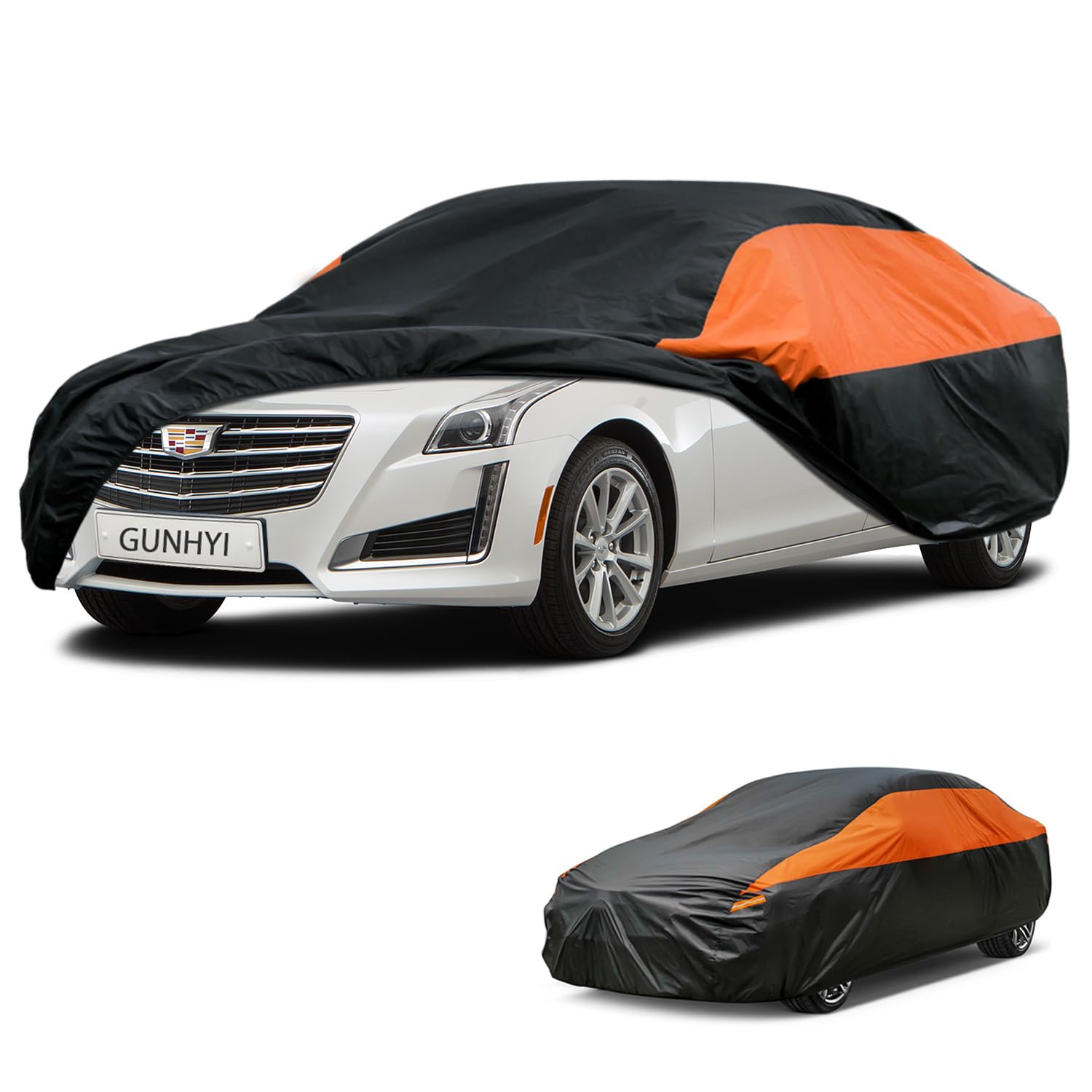 GUNHYI Waterproof Sedan Full Car Cover Custom Fit Cadillac CTS(2003-2014) | All‑weather Outdoor sun/rain/dust/snow/wind/UV protection, breathable lightweight fabric, black‑orange design,storage bag