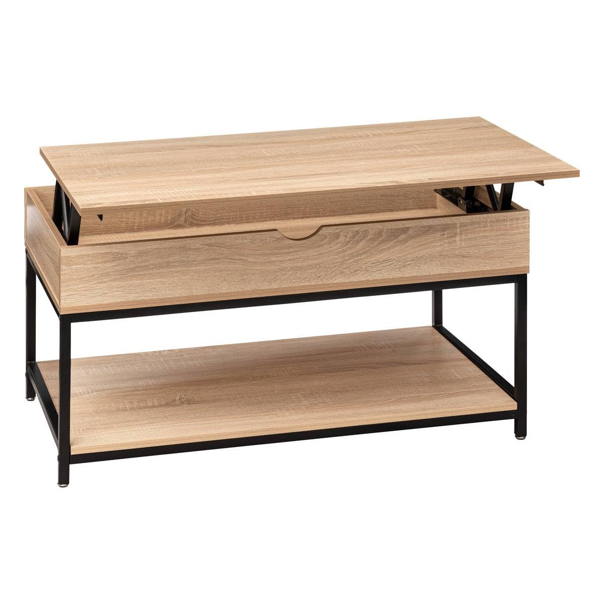 5five Aliaj Couchtisch mit Hubfunktion 95x50x51 cm Eichenoptik schwarzes Metall Schublade Stauraum