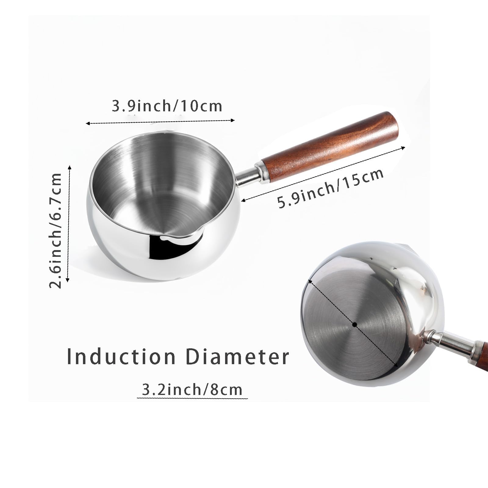 IMEEA Pot à lait de 500 ml en acier inoxydable SUS304 avec poignée en bois pour faire fondre le café et le chocolat