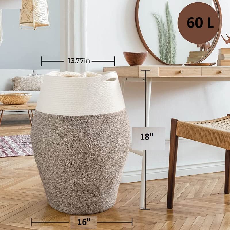 Image of GRATIFY Large Woven Rope Laundry Basket, 80 L Tall Dirty Clothes Hamper with Handles Storage Blankets, Toy for Bedroom, Living Room (Mix Brown White 1 Pcs)