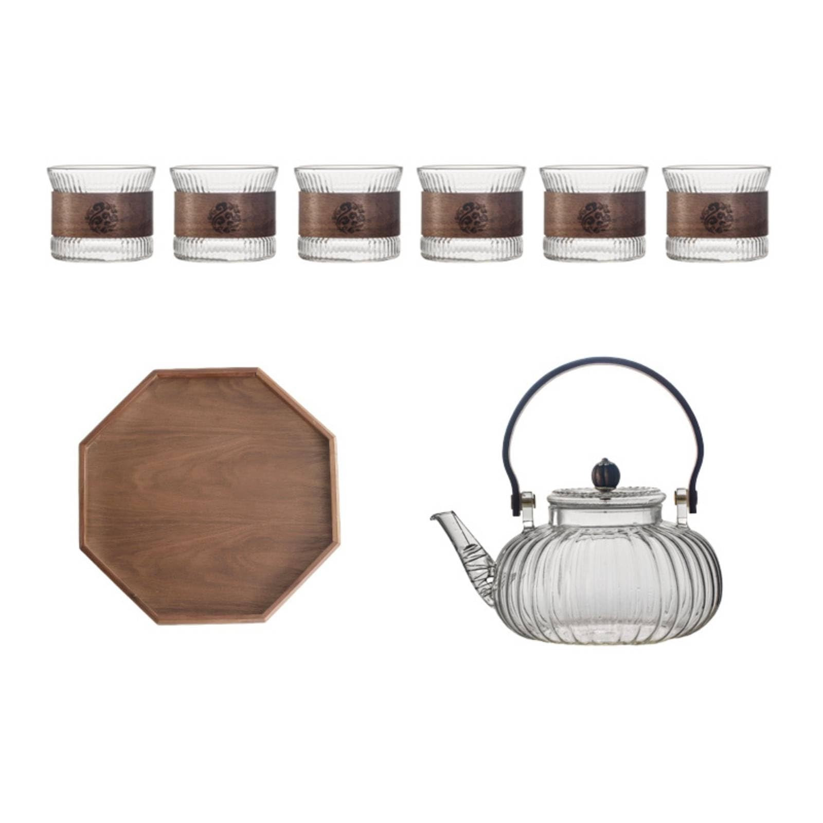 Teeset aus transparent Teeservice mit Kanne und Tassen tropf Tasse für Teeliebhaber, 1 Kanne, 6 Tassen, 1 Tablett, Hochwertig
