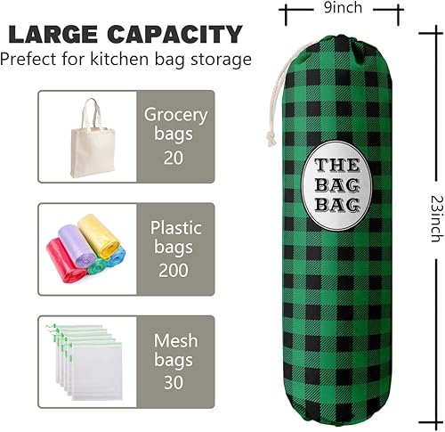 Miniatura 2 de Organizador de bolsas de comestibles a cuadros de búfalo verde para bolsas de compras, bolsas de plástico de montaje en pared, dispensadores de