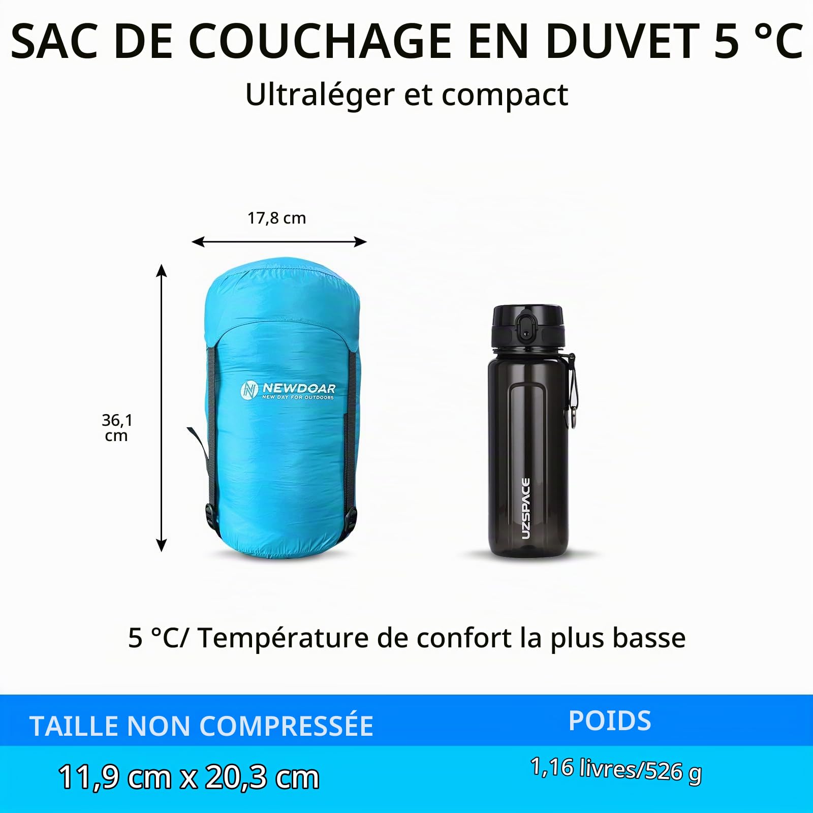 NewDoar Ultralight Camping Sac de Couchage 800FP Duvet de Canard Blanc Sac de Couchage Ultra-Compact 200 * 86cm Printemps Été Extérieur Automne Portable Imperméable pour Randonnée, Tente de Randonnée