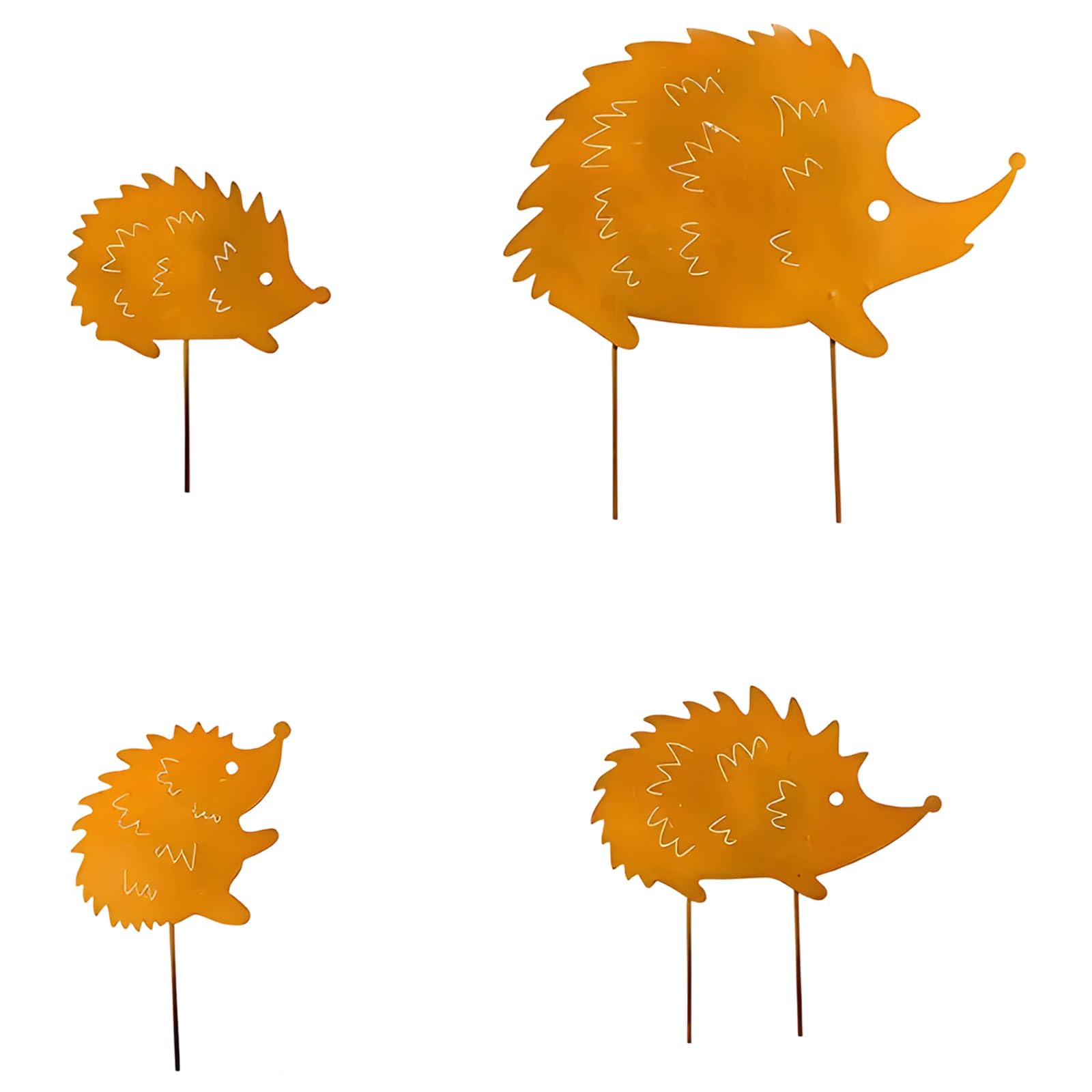 Packool 4 Pcs Metal Garden Art, Decorative Orange Hedgehog Silhouette, Hollowed-Out Animal Yard Sign, Whimsical Outdoor Lawn Decor, Multi-Size