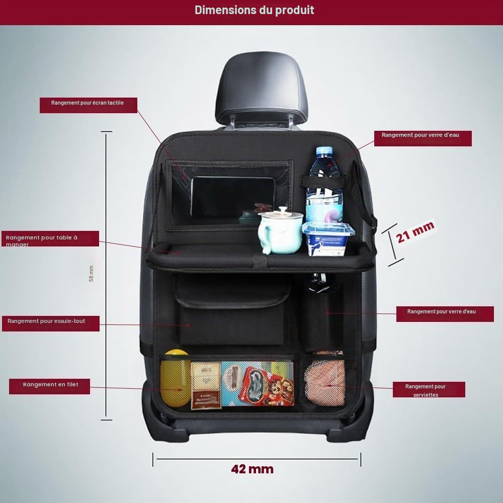 Lot de 2 organiseurs de siège de voiture, protections de siège arrière avec table de salle à manger pliable et centre de rangement en maille – Organiseur de siège arrière multi-poches pour jouets