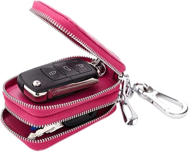 Esdrem Unisex Handmade Genuine Leather Zipper Key Chain Case Pouch Car Key Holder Bag (Hot Pink)
