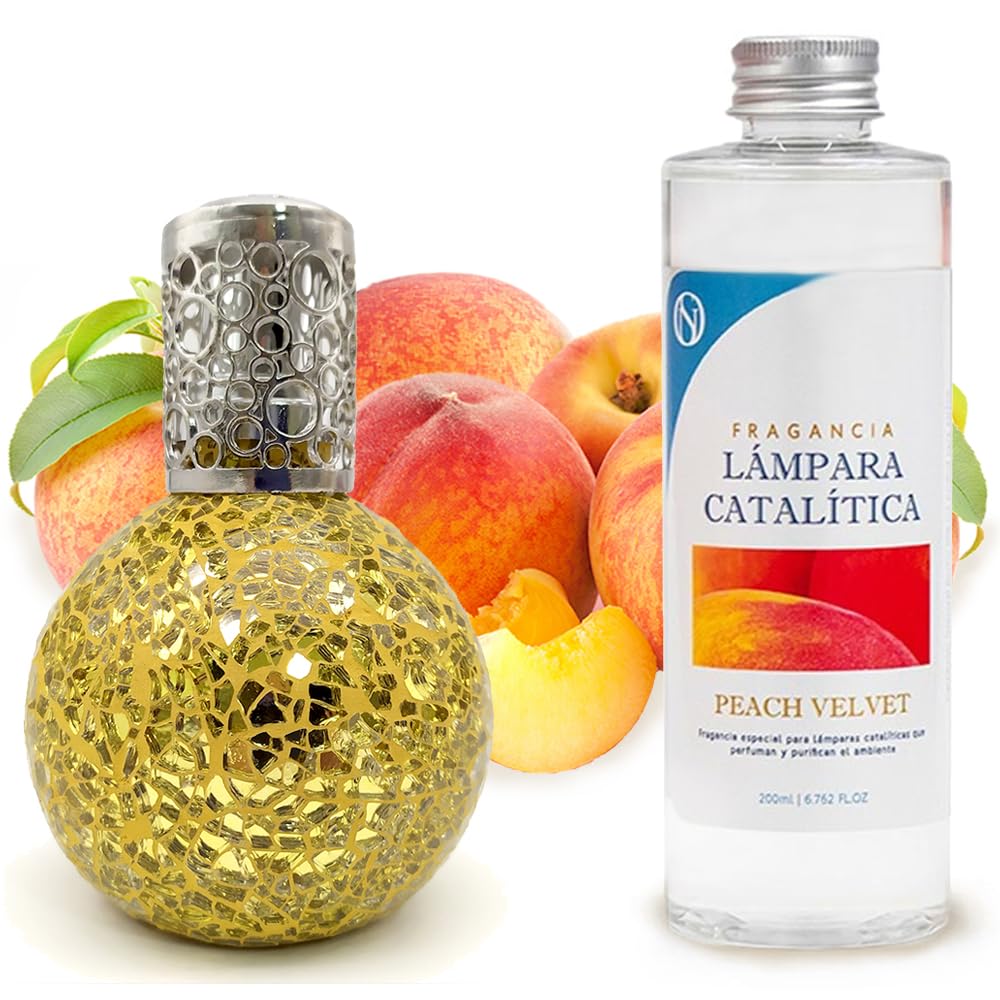 Pack Ahorro Lámpara Catalítica Mosaico Dorado + Fragancia Aroma Peach Velvet 200ml. Elimina malos olores e impurezas, perfuma y limpia.
