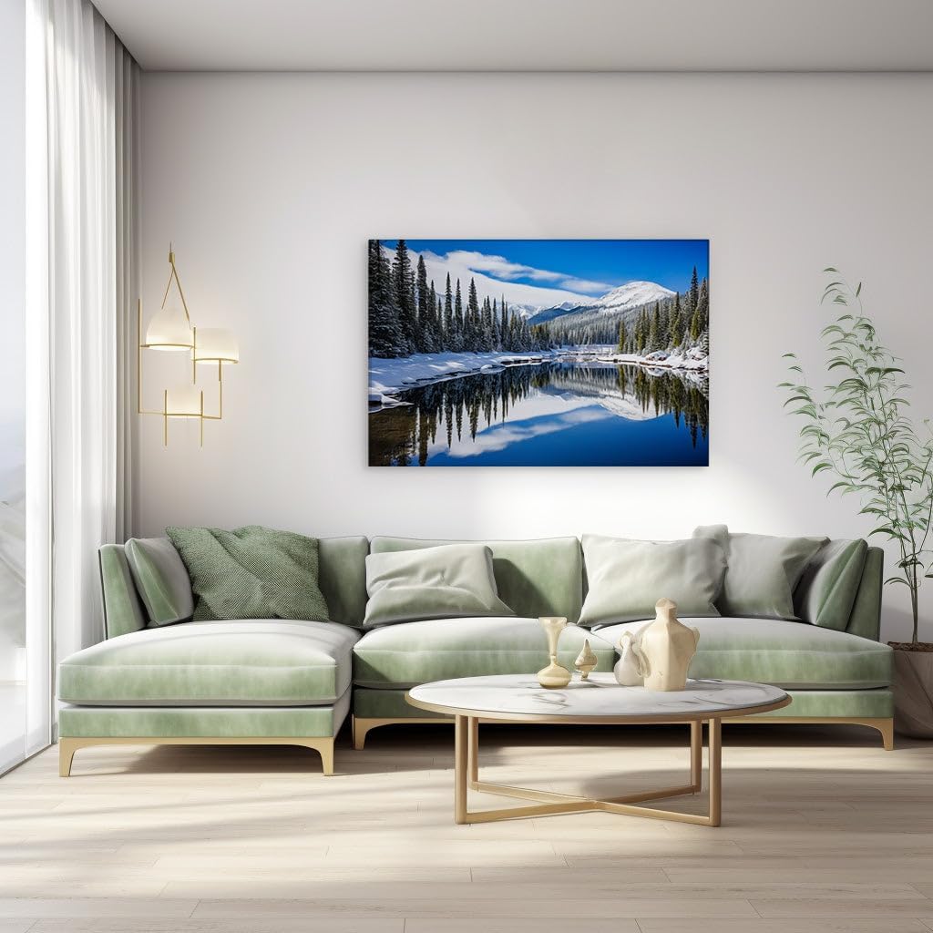 Canvas for Living room. Winter's Mirror: Serenity Amidst Snow-Covered Evergreens and Majestic Mountains, 27 x 18 inch Canvas Wall Art - Surrealistic Visions - Modern Home Decor - 69x46 cm (27x18 inch)