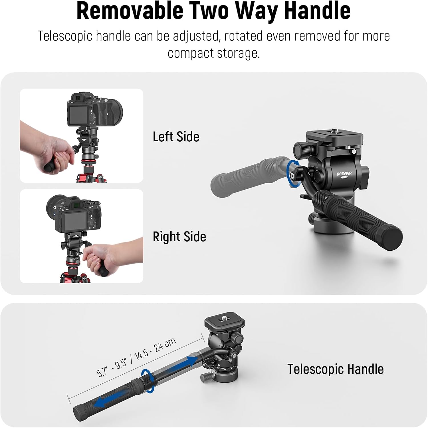 NEEWER GM27 Metal Tripod Fluid Head with +/-10° Leveling Base(37mm Dia.) + GM001 Fluid Head with Panorama Scaled Base (⌀55mm), Tripod Heads with 1/4" Arca Type QR Plate, Telescopic Handle