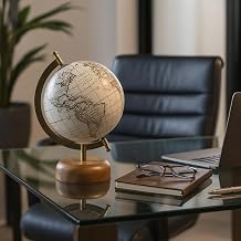 Decorative Globe with Wood Base for Home or Office Decor - Ornament for Desk, Hallway, or Coffee Table - Modern Desktop Globe for Living Room Decor or Shelf Display - 10", White & Gold