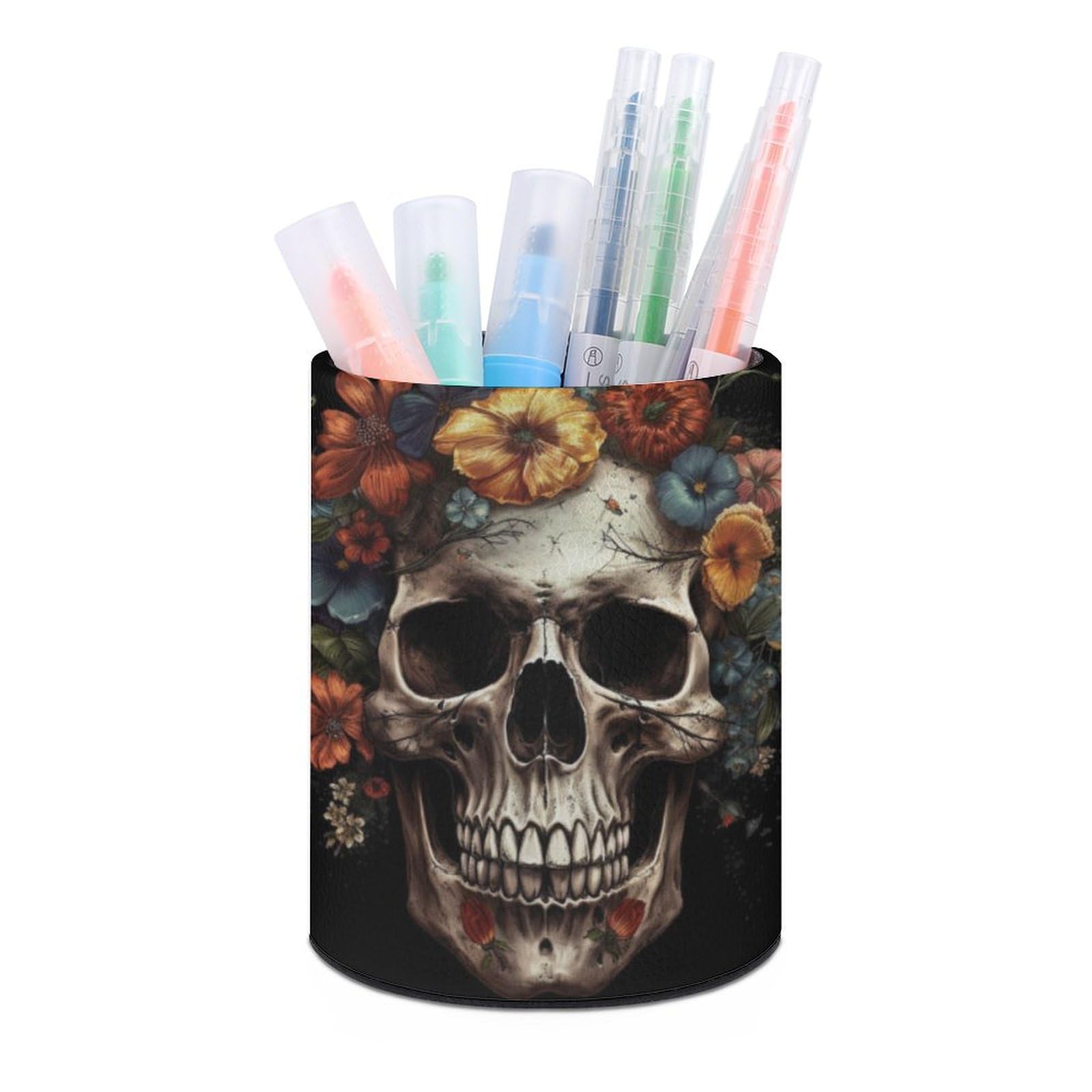JTREHY Round Pen Holder,Flowers And Skull Printed Makeup Brush Storage Box for Home Office Dressing Table