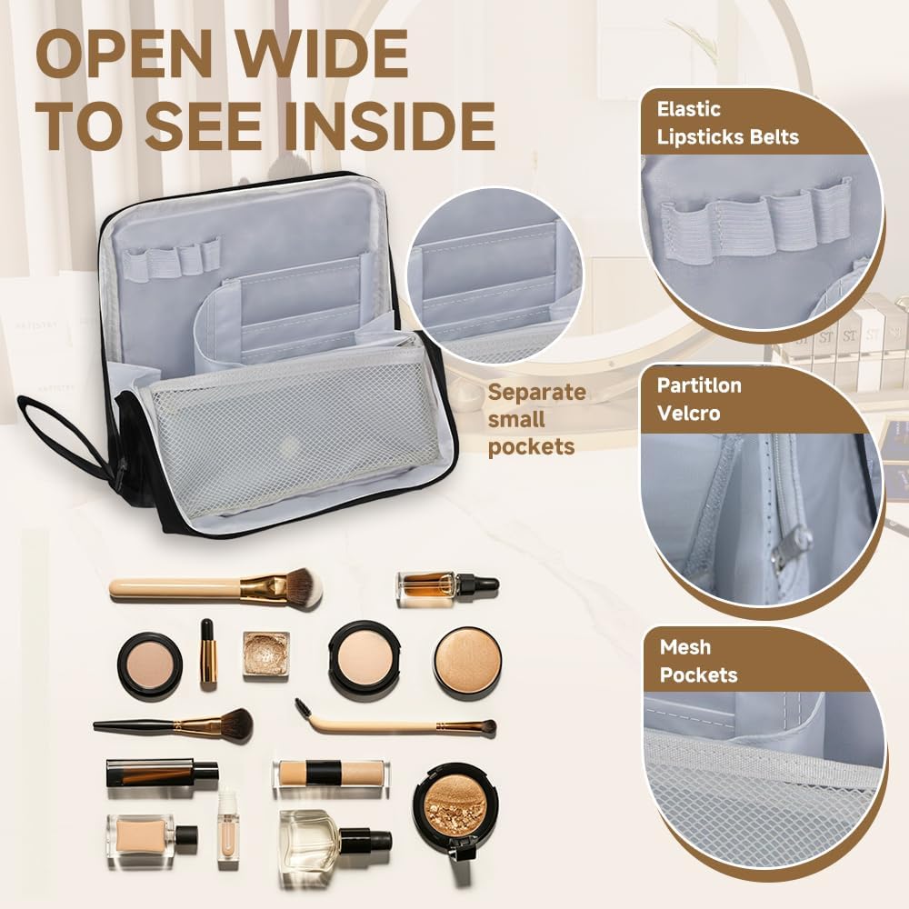 standing makeup bag, Women's Large Capacity Foldable Magnetic Travel Makeup Storage Bag, waterproof pu leather Portable Open makeup bag with dividers,black - Image 4