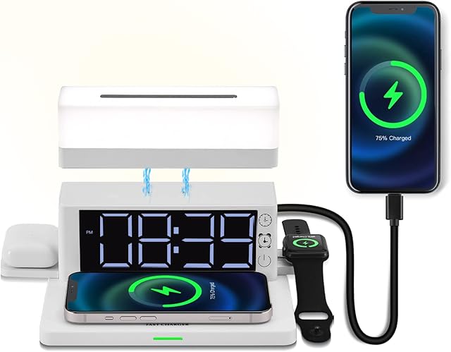 5 in 1 Wireless Charging Station,LED Desk Lamp with 15W Max Wireless Charge Compatible with iphone/iWatch/Airpods,LED Clock with Charging Block for Multiple Devices,Table Lamp/Night Light for Bedroom
