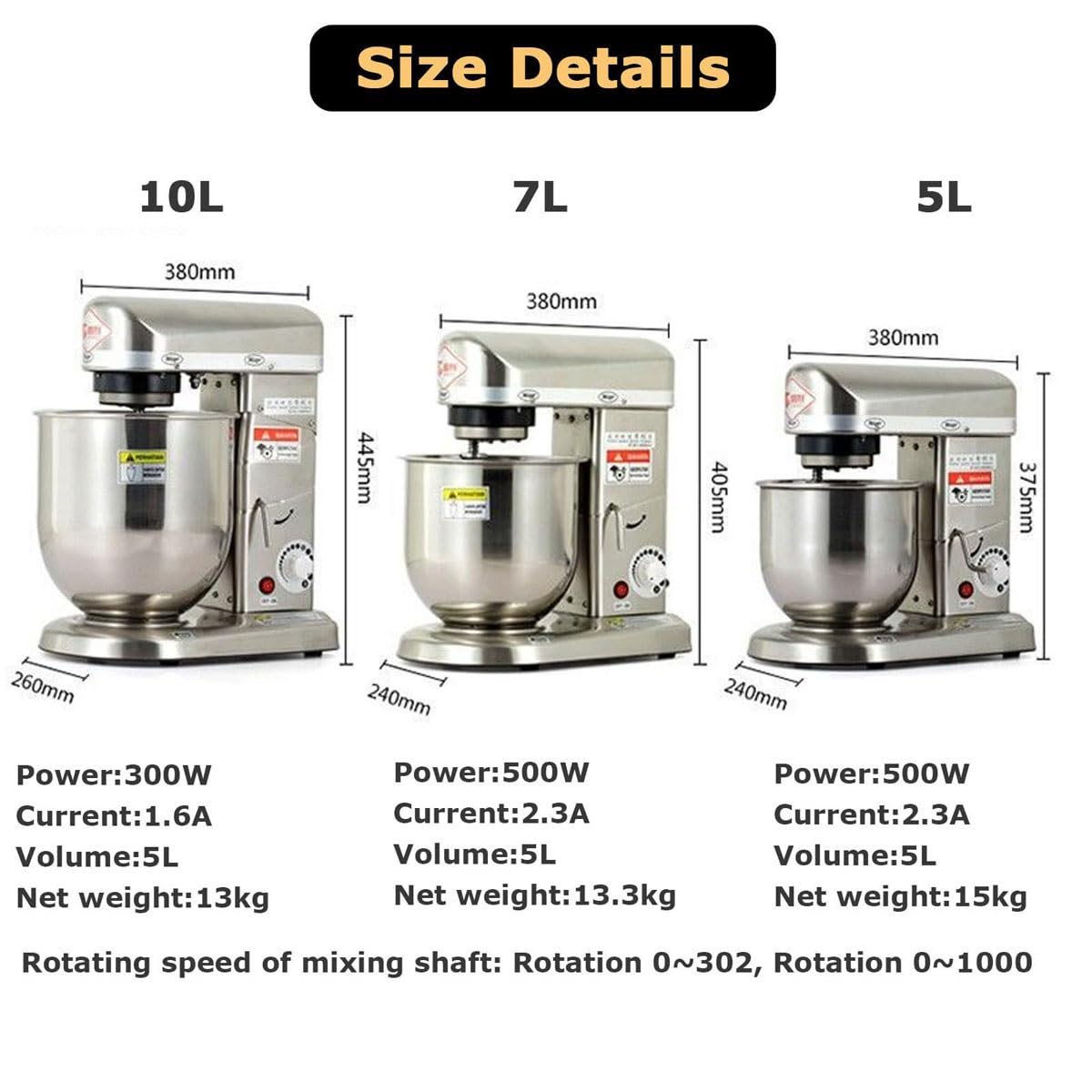 Elektrischer Standmixer, 500W Küchenmixer mit Rührschüssel, Schlägel & Knethaken, 3 Geschwindigkeitsstufen, für Backen und Teigzubereitung, Edelstahl, 10L Kapazität
