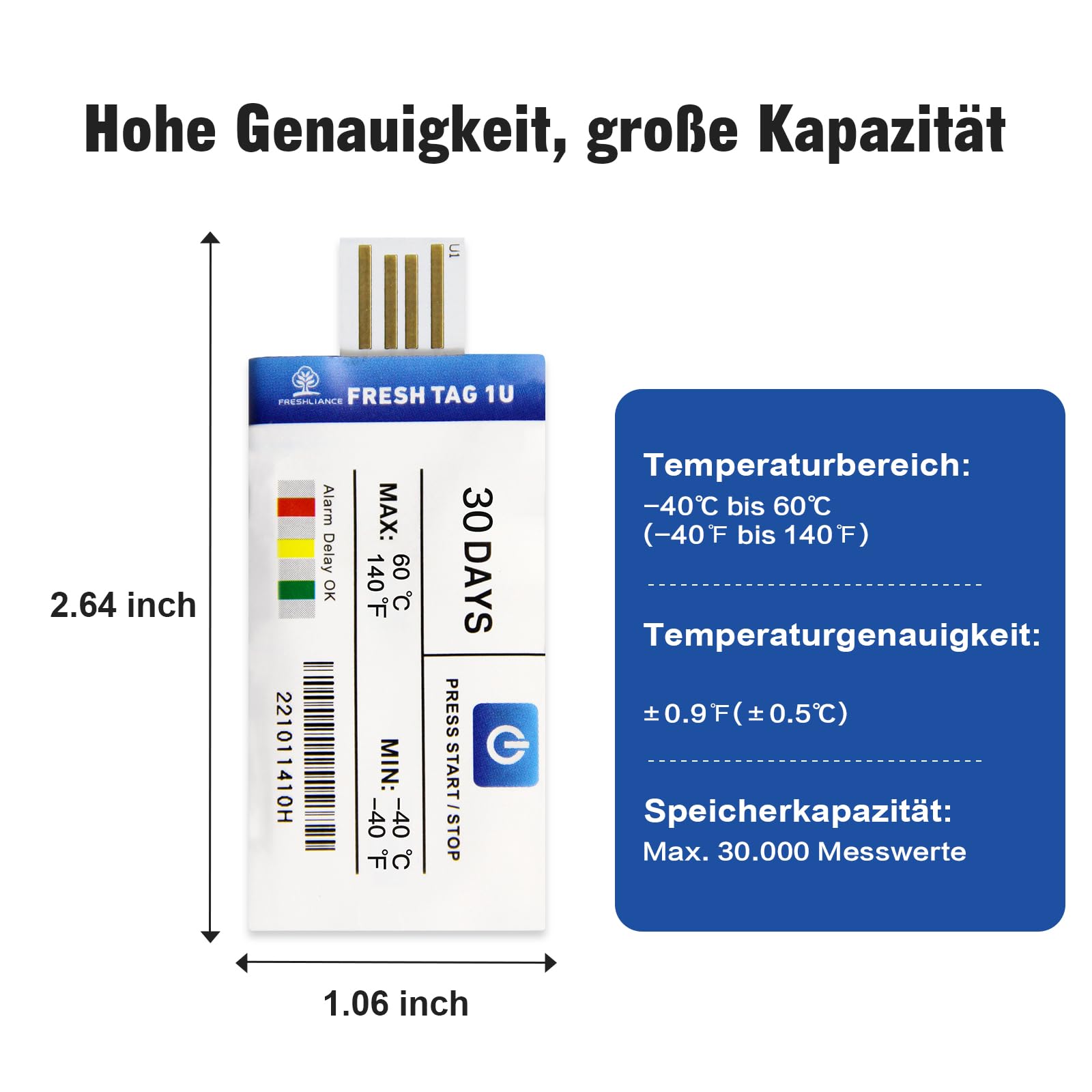 Freshliance Temperatur Datenlogger 2 Stücke, -40°C ~ 60°C Einweg-Temperaturlogger mit PDF/CSV-Bericht, 30000 daten hohe Genauigkeit 30 Tage für Kühltkettetransport, Fresh Tag 1U