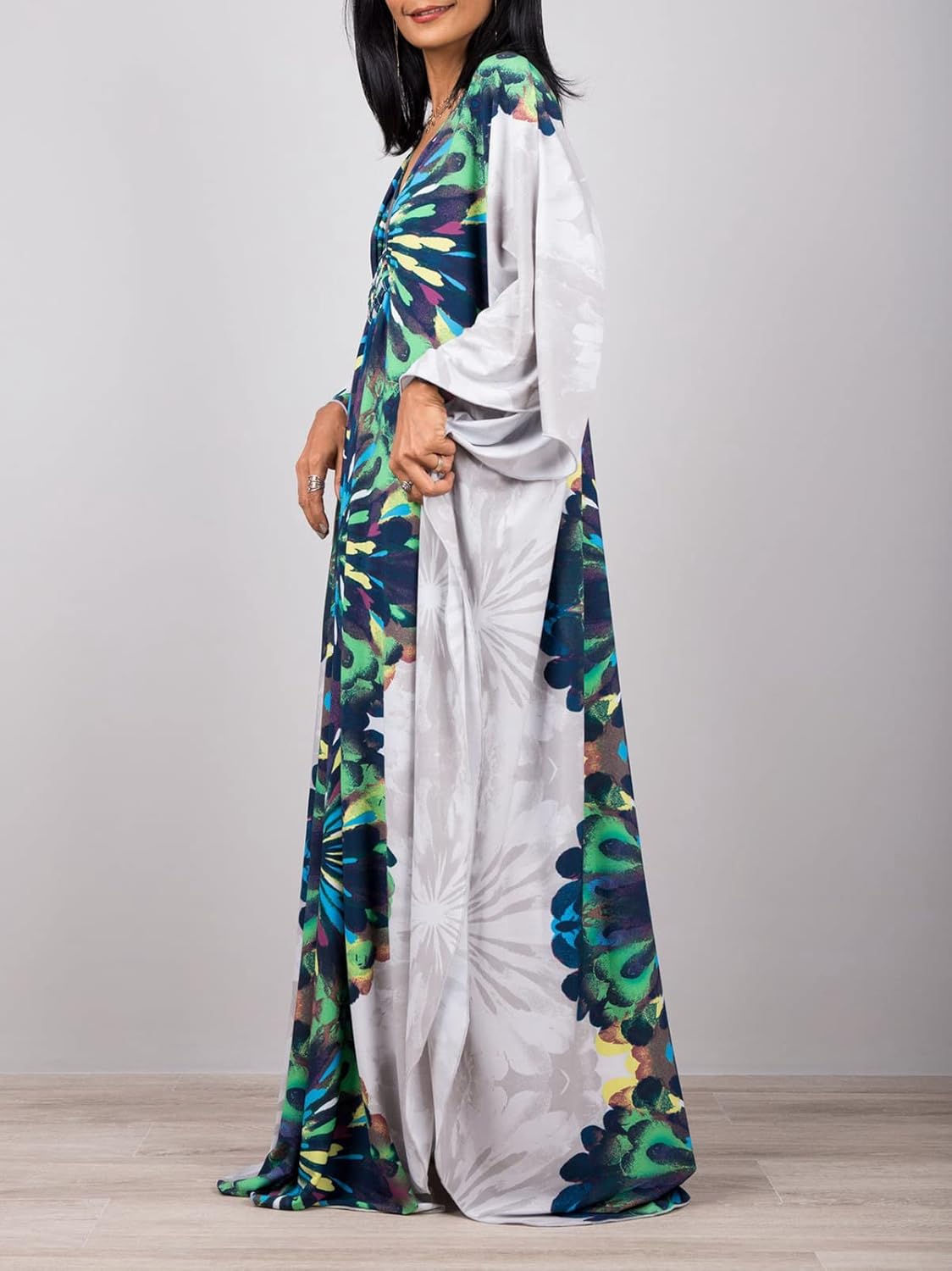 Beach Cover ups Women's Fireworks kaftan Turkish caftan Silk Wrinkle Et`hnic Print Plus Size kaftans Floral Print Batwing Sleeve Over Sized Caftans Lounge wear Maxi Beach Dress 8693-21