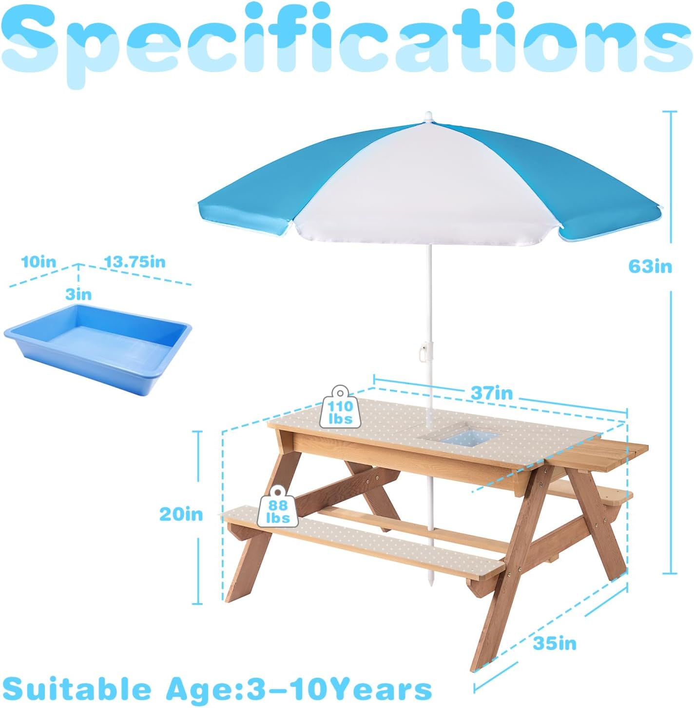 3-in-1 Kids Outdoor Wooden Picnic Table with Umbrella, Convertible Sand & Water, Gray Solid Wood 3-in-1 Design Outdoor Lawn, Porch Family-Friendly