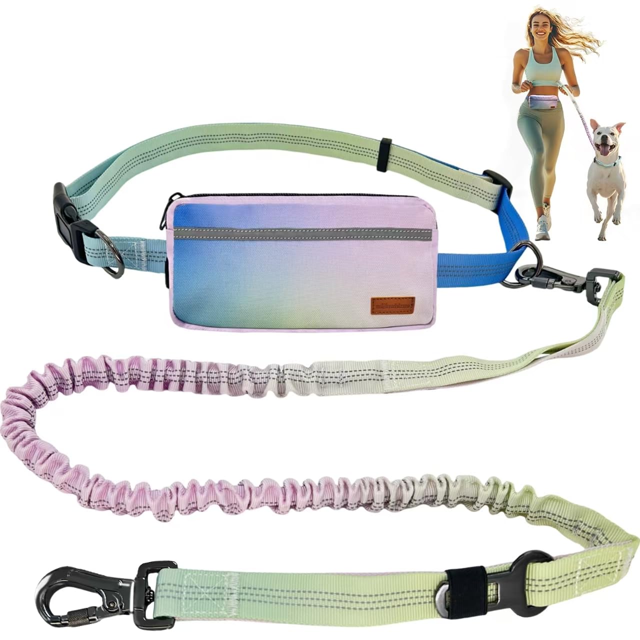 monwhizm Stylish Hands Free Dog Leash for Running & Car Travel - Adjustable Bungee Waist Leash, Car Seat Belt Compatible with Zipper Pouch (Nylon, Powder Blue Gradient)