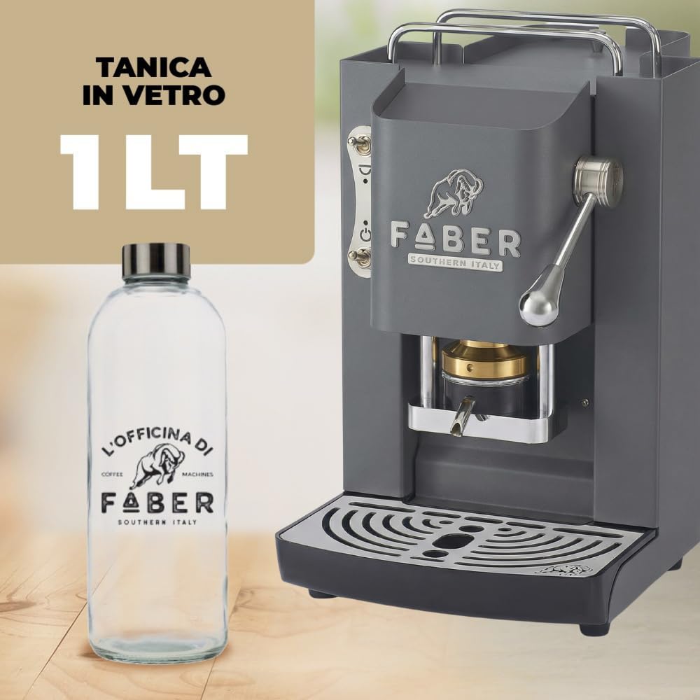 FABER COFFEE MACHINES | Deluxe 3.0 | Kaffeemaschine ESE 44 mm mit Magnetventil, herausnehmbarem Padhalter, Glaskanister 1 l und Padpresse aus Messing verstellbar (Gray Daytona, Chrom)