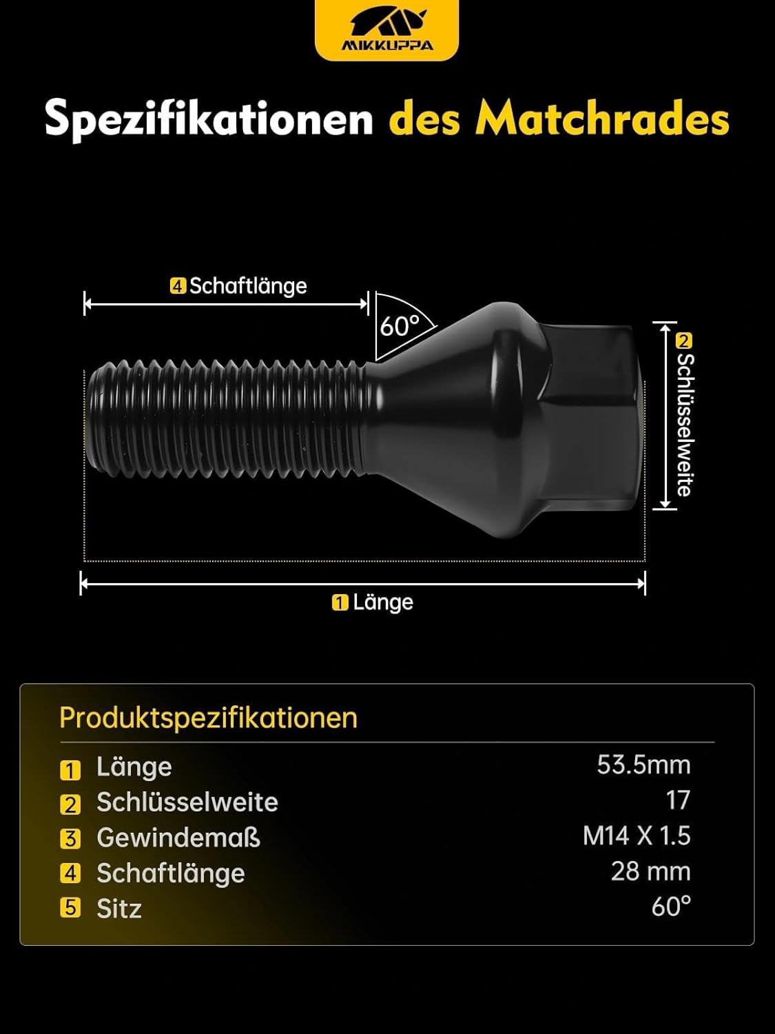 Wheel Bolts M14 x 1.5 Shaft Length: 28 mm Taper 60° Spanner Width 17 mm Black Pack of 20
