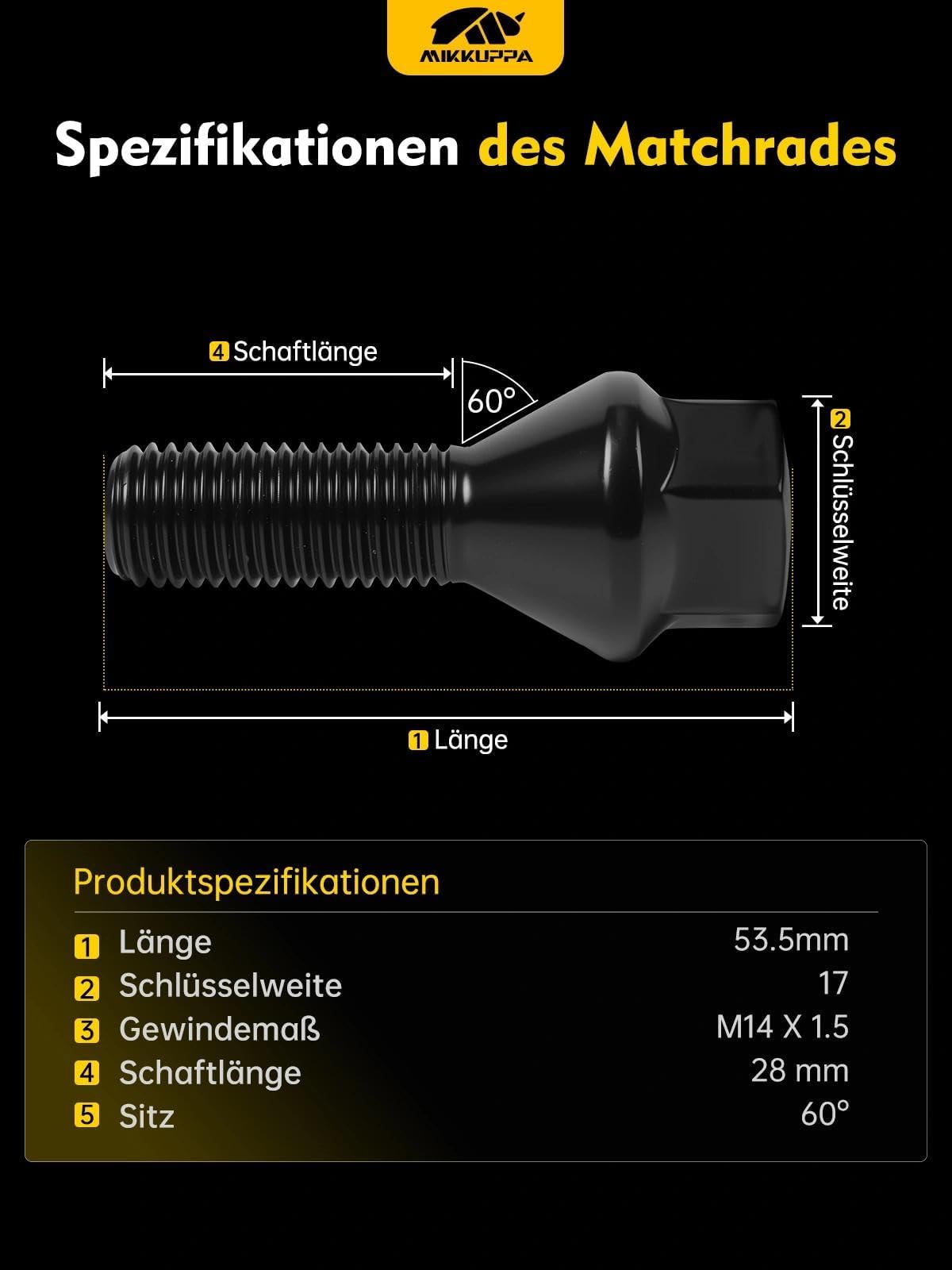 20 pezzi MIKKUPPA bulloni per ruote M14x1,5 - lunghezza del codolo: 28mm, flangia conica 60°, larghezza chiave: 17mm (Nero)