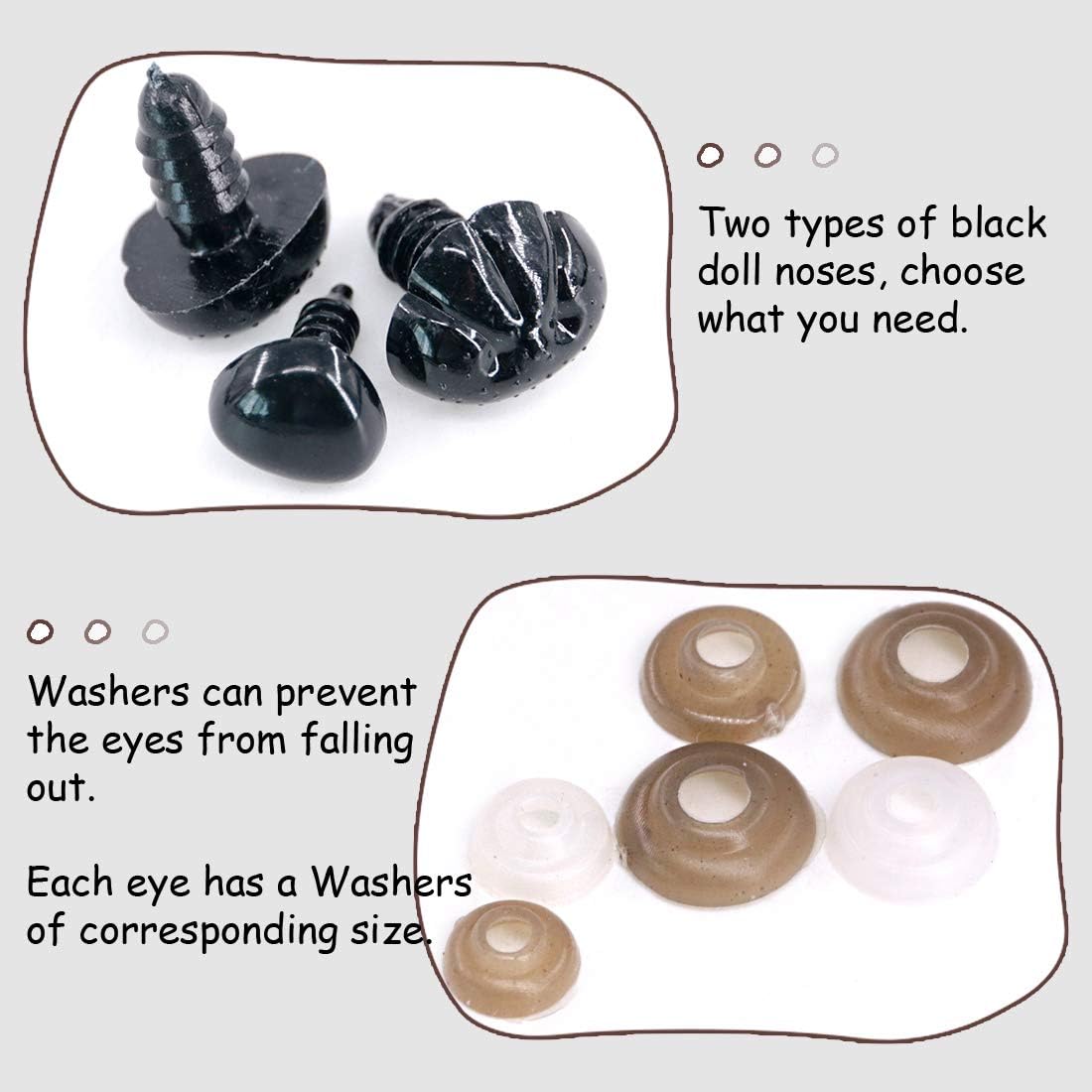 Swpeet 346Pcs 12 Assorted Sizes 5mm-12mm 6 Colors Plastic Safety Eyes with Washer and 40Pcs 2 Sizes 12mm 15mm Noses Set for Doll, Puppet, Plush Animal Making and Teddy Bear