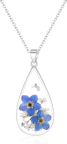 Miniatura 92 de Forget-Me-Not and Queen Anne's Lace Pressed Wildflower Necklace Birth Month Real Flower Necklace Gold/Silver Pressed Flower Jewelry