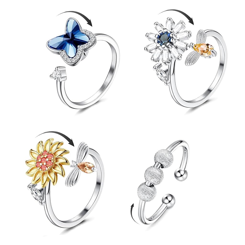 4Pcs Rotating Fidget Rings Set for Women, Adjustable Open Cuff Stress Relief Rings with Sunflower Bee Butterfly Crystal Designs, Anti Anxiety Fashion Stackable Ring Set-image-31