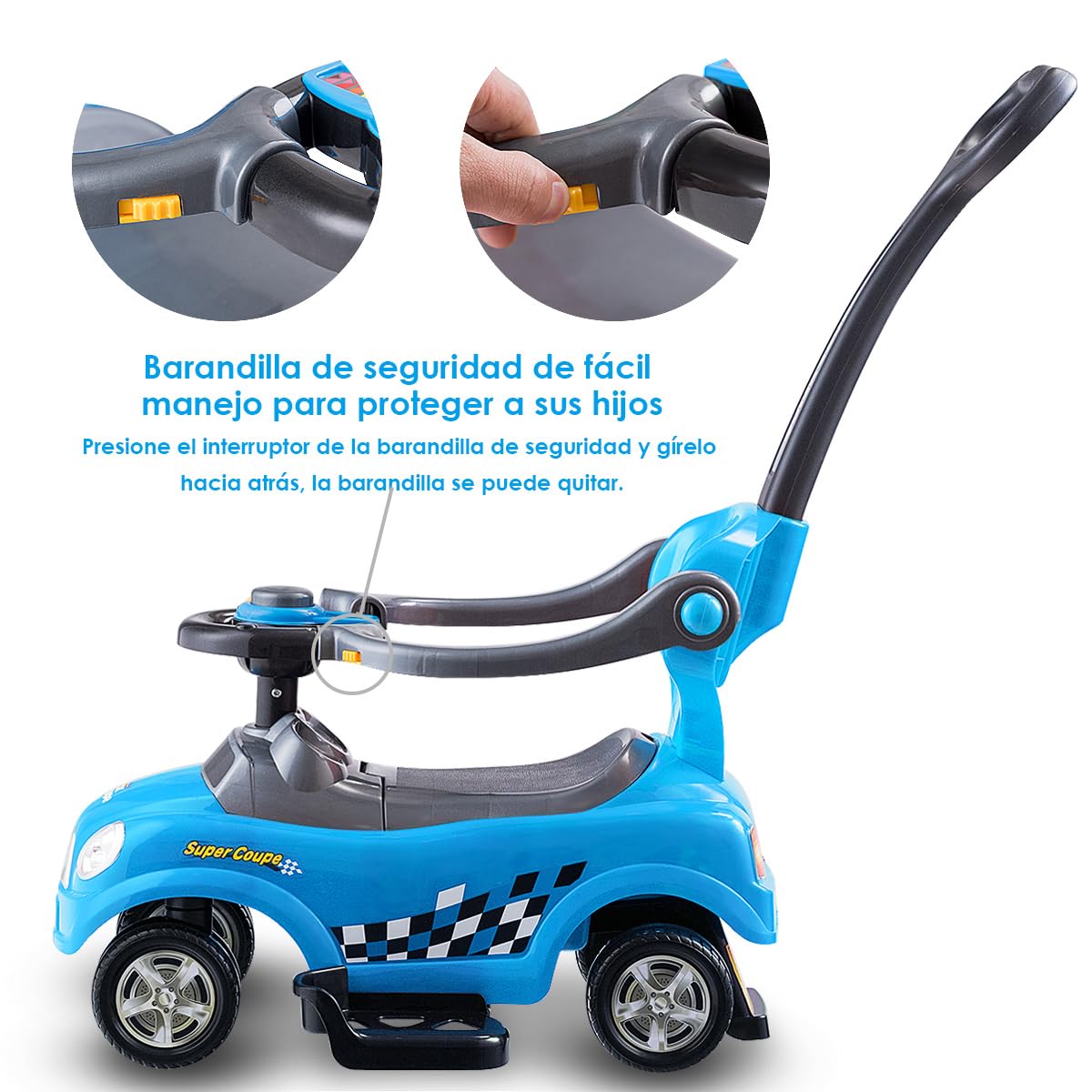 COSTWAY 3 en 1 Coche de Empuje Infantil, Coche para Niños de Pie con Barandillas Desmontables y Asa, Bocina, Espacio de Almacenamiento Oculto y Diseño Antivuelco para Niños de 2 a 6 Años (Azul)