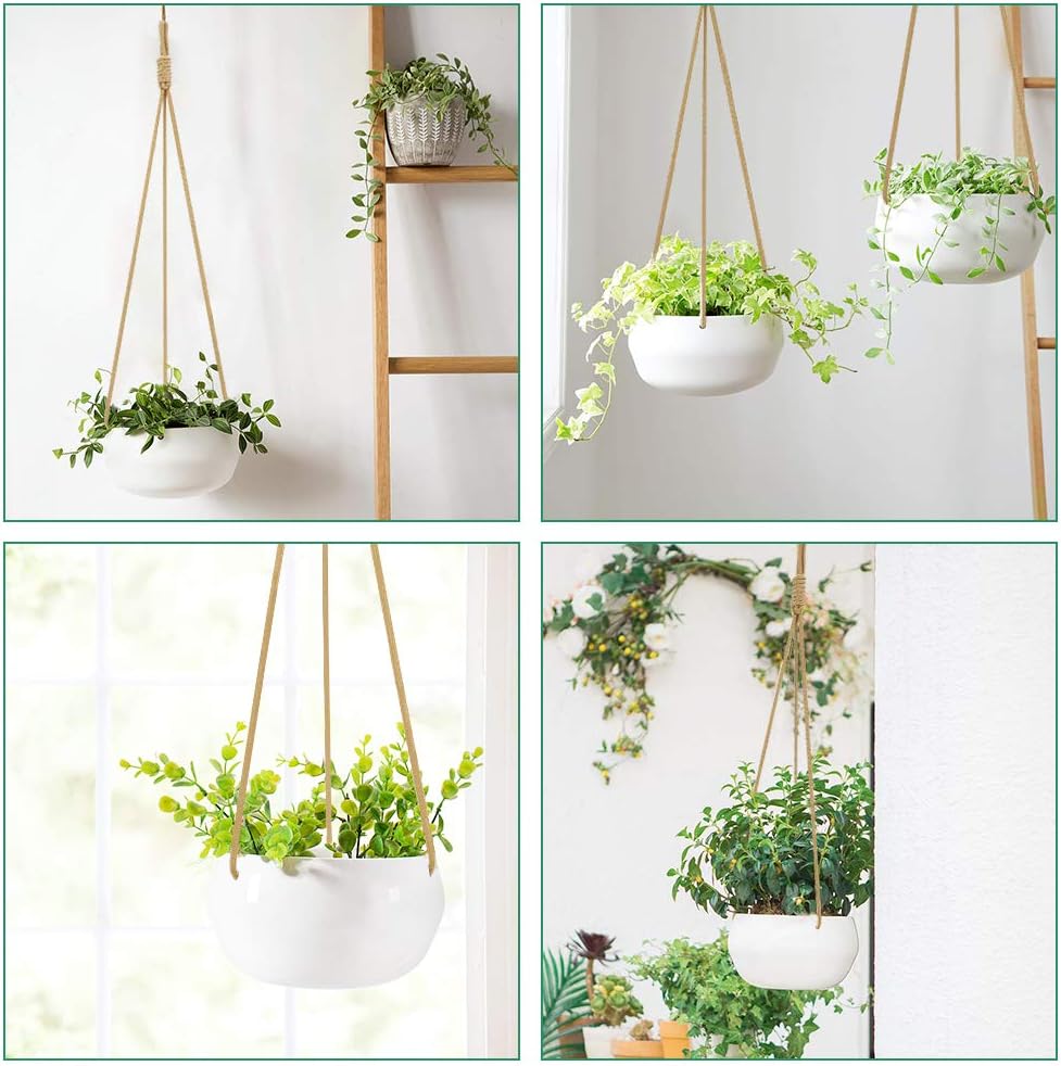 GROWNEER 7 Inches Ceramic Hanging Planter with 2 Hooks, White Porcelain Wall Hanging Plant Holder Flower Pot with Nylon Rope for Home Decoration, Gift, Garden, Indoor Outdoor Use