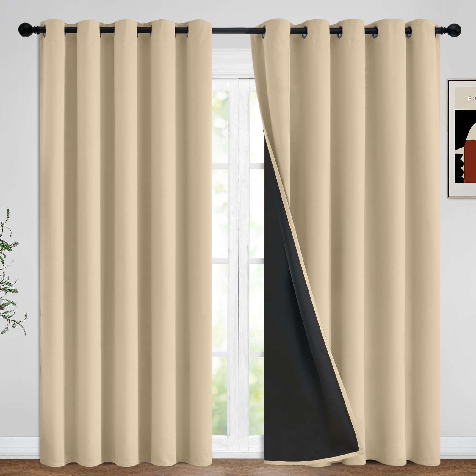 Photo 1 of Thermal Insulated 100% Blackout Curtains for Bedroom with Black Liner, Light Blocking Drapes with Black Backing, Thermal Insulated Solid Grommet Panels for Living Room, 62Wx84L, Beige, 2 Panels