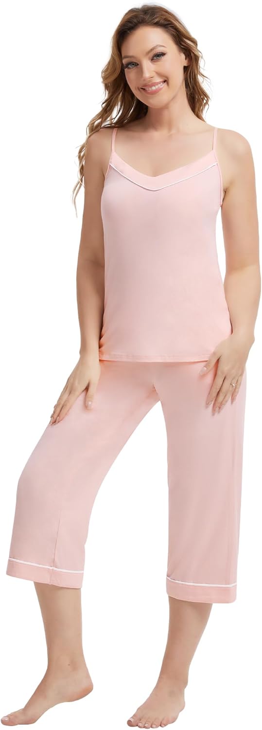 WiWi Womens Cami Pajama Sets 2 Piece Camisole Top Capri Pants Sleepwear Soft Lingerie Bamboo Viscose PJs S-XXL - Image 2