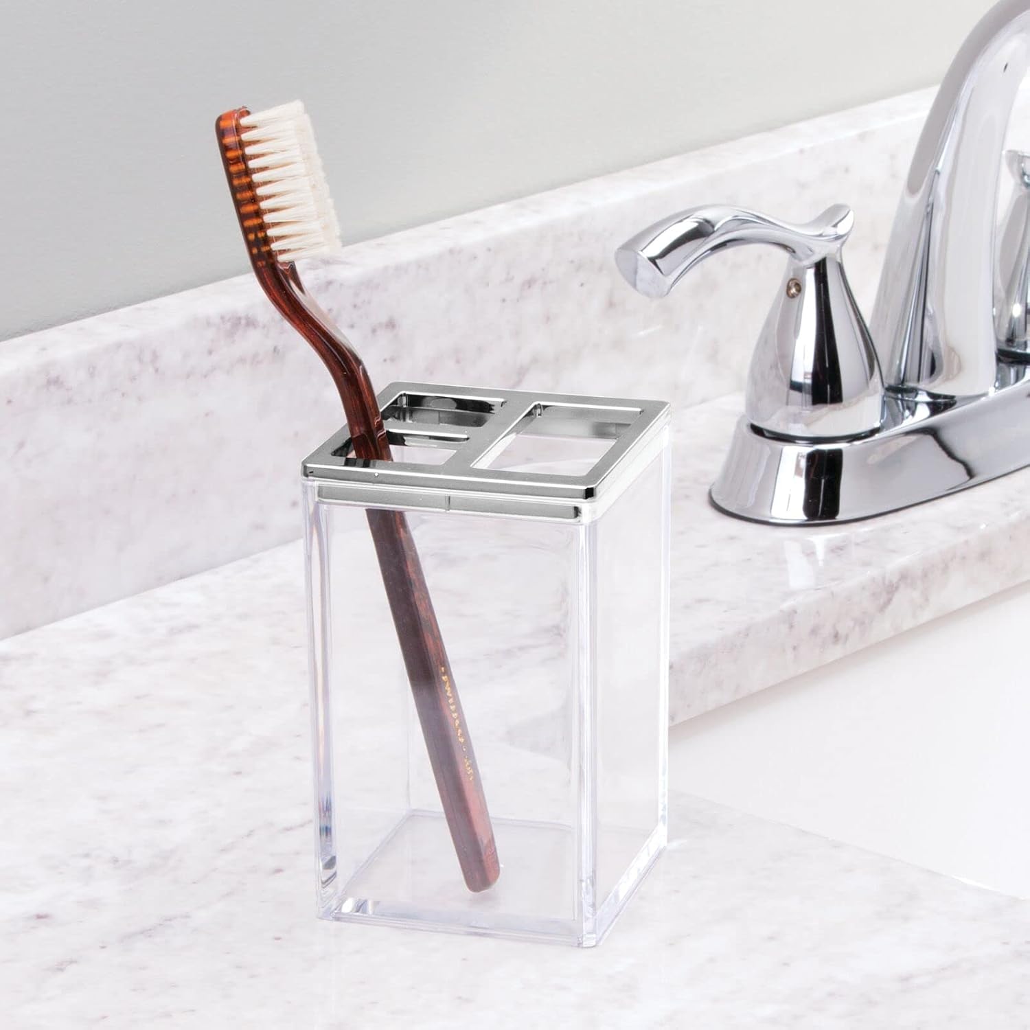 mDesign Square Plastic Bathroom Vanity Countertop Accessory Set - Includes Soap Dispenser Pump, Divided Toothbrush Holder, Tumbler Rinsing Cup - Lumiere Collection - 3 Piece Set - Clear/Chrome