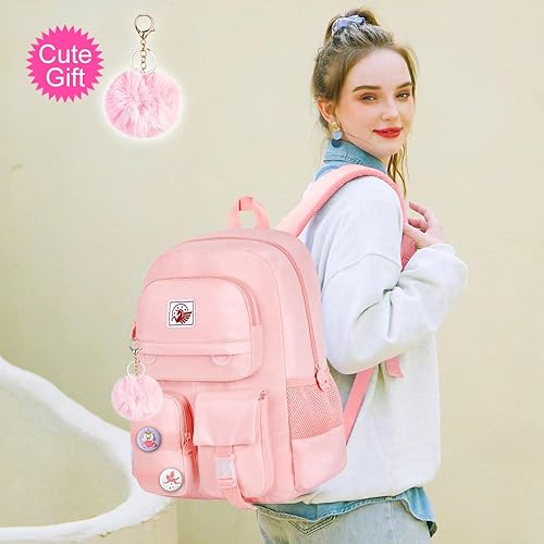 Miniatura 5 de Mochila para laptop para niñas, mochila escolar universitaria, 15.6 pulgadas, bonita mochila antirrobo resistente al agua para adolescentes, Rosa
