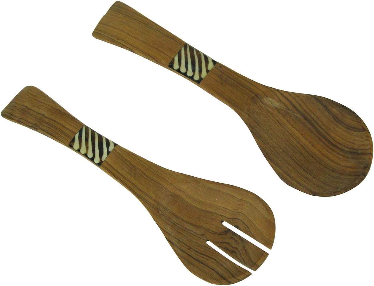 Things2Die4 Hand Carved Wood and Bone Flat Handle Salad Server Set