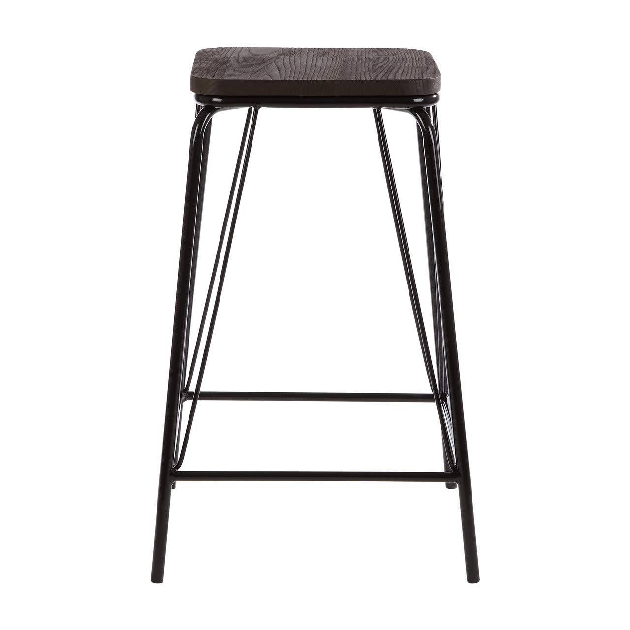 Premier Housewares Sleek Metal And Elm Wood Stool, Sturdy And Reliable Large Square Stool, Wooden Bar Stool For Home Bar Black