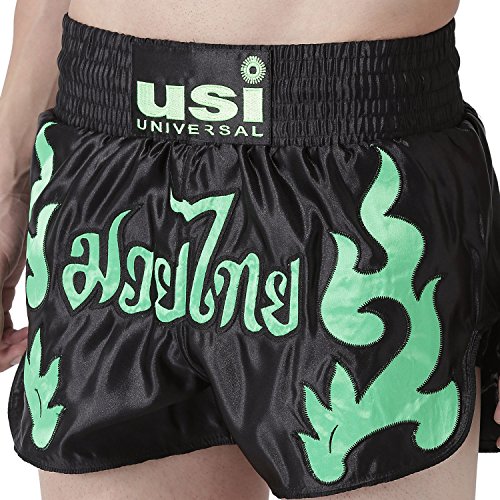Image of USI Universal Muay Thai Shorts for Men Women, 410NG Boxing Kickboxing MMA Fight Clothing Training Workout Trunks (in, Alpha, S, Regular, Black /Green)