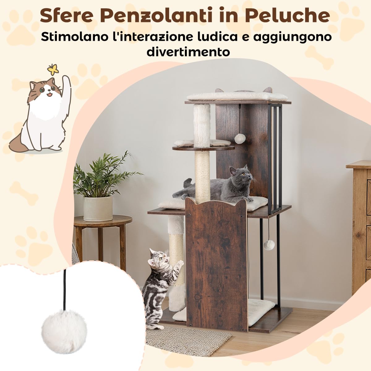 COSTWAY Albero per Gatti Alto 112 cm, Tiragraffi per Gatti in Legno con Posti a Grattare in Sisal, Palline Appese, Cuscini Morbidi Rimovibili e Lavabili, Tiragraffi Gatto per Arrampicata