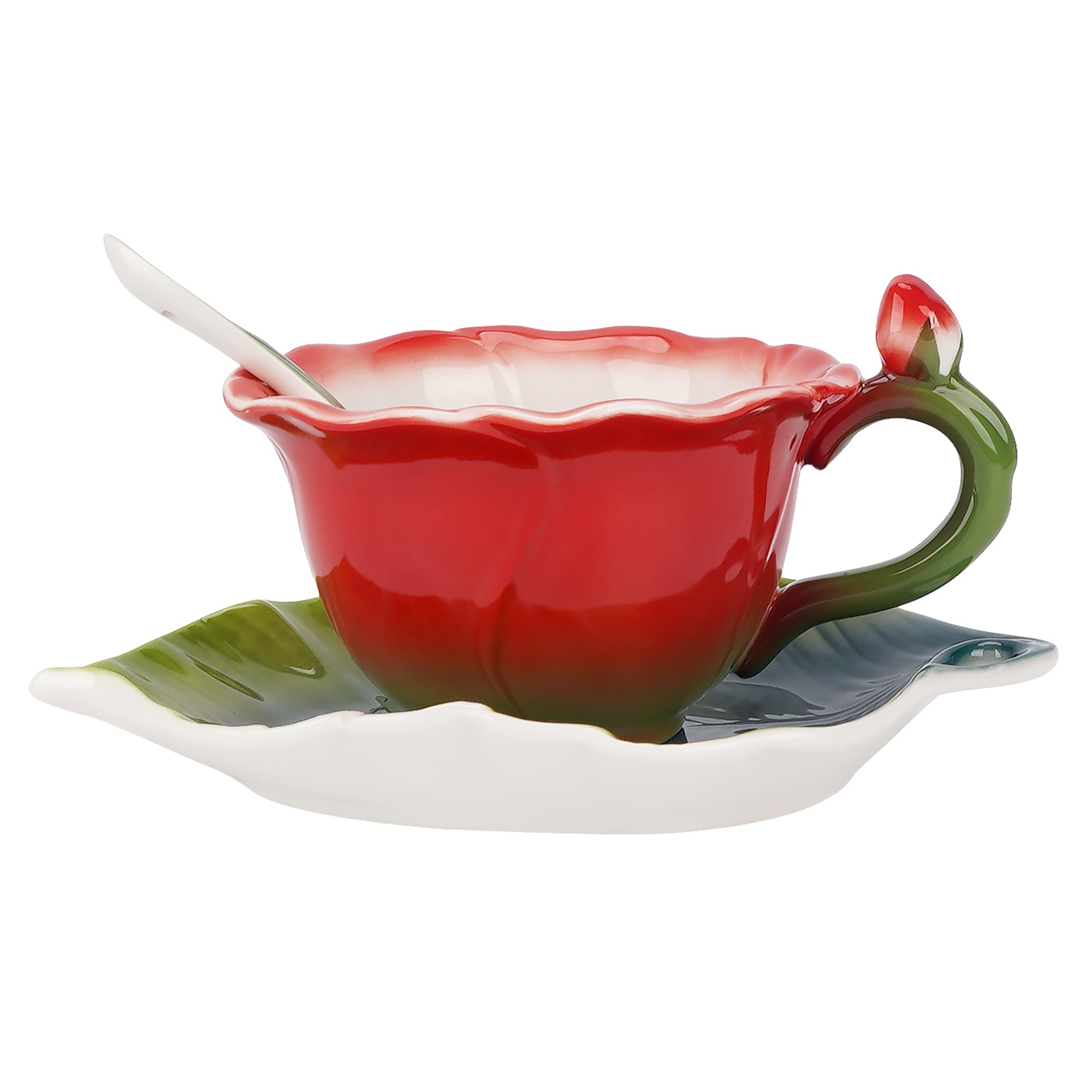 Juego de taza de té y platillo floral de rosa roja para mujer, taza de té de porcelana esmaltada de 5.6 onzas con cuchara