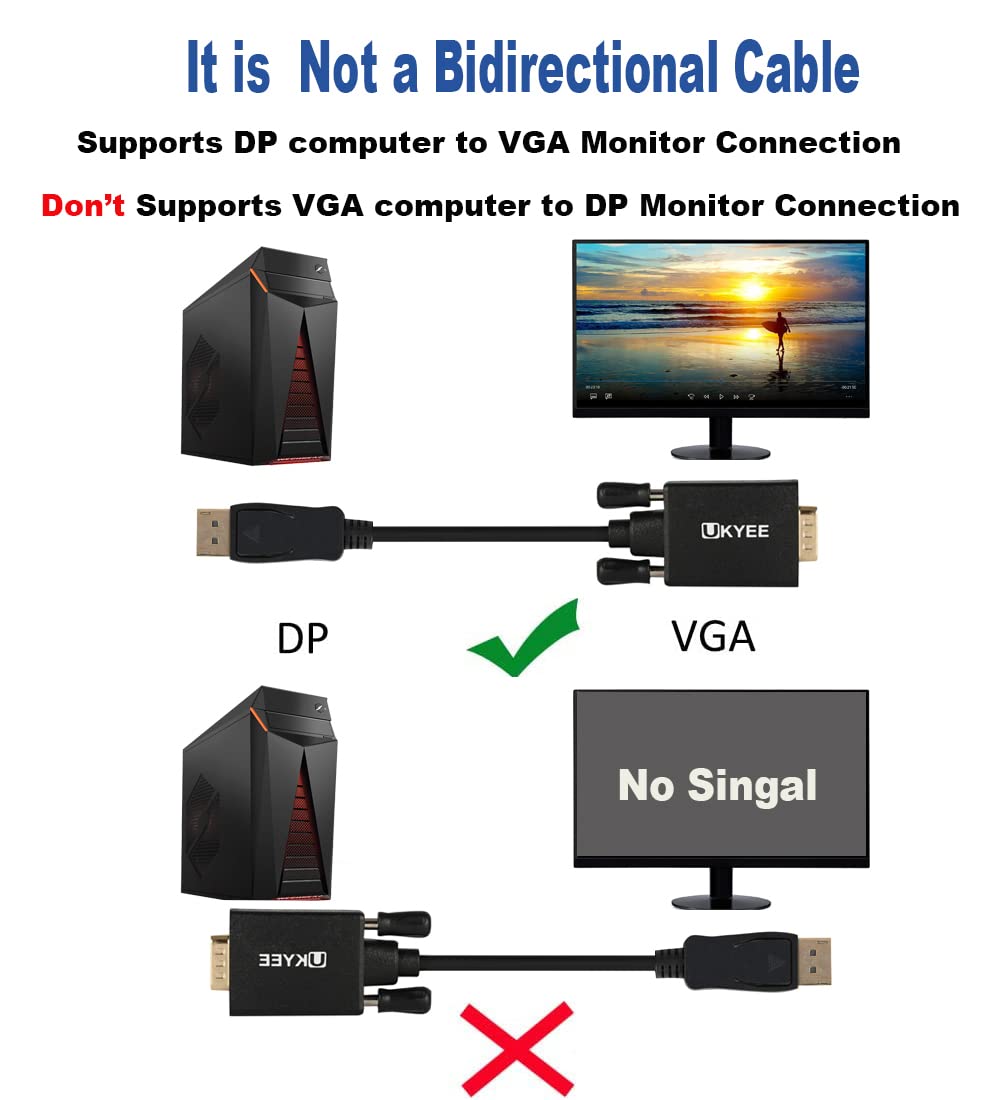 Cable Displayport a VGA de 6 pies, paquete de 2 unidades, puerto de pantalla (DP) a VGA cable adaptador de 6 pies para monitor de computadora proyector y más chapado en oro 2