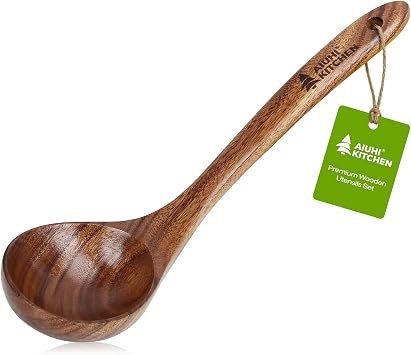 AIUHI Wooden Ladle for Cooking,Teak Wood Soup Ladle, Long Handle Deep Scooper Wooden Serving Spoon Non-stick & No Scratch