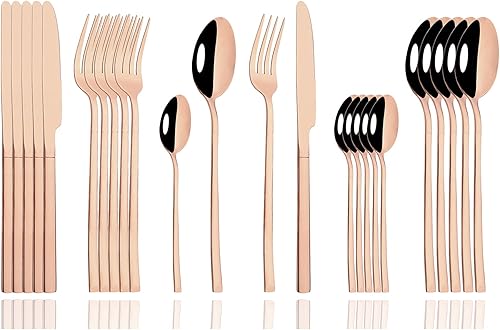 Miniatura 1 de JASHII Juego de cubiertos de 24 piezas para 6, 180 acero inoxidable cubiertos color plateado utensilios de cocina, borde cuadrado y espejo pulido