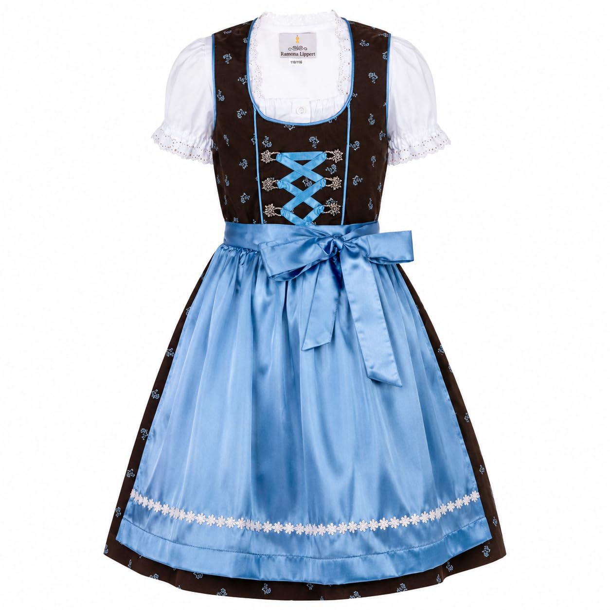 Ramona Lippert® - Dzieci Dirndl dla dziewczynek - dirndl dla dzieci Sophia w kolorze brązowym z kwiatowym wzorem - 3-częściowa sukienka ludowa - moda ludowa - strój ludowy z fartuchem