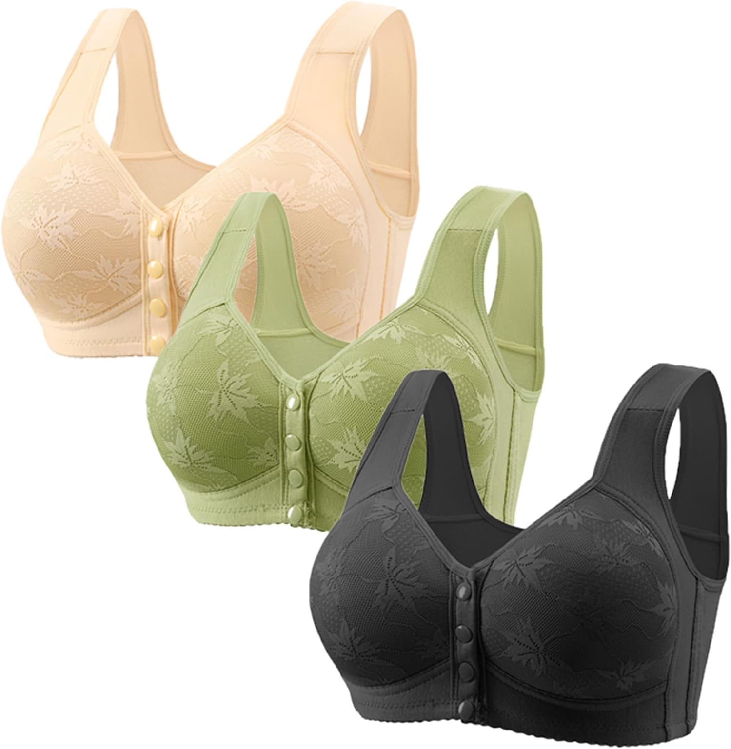 Daisy Bras for Older Women 3 Pack No Underwire Front Closure Padded Bra Senior Full Coverage Comfy Push Up Cotton Bra