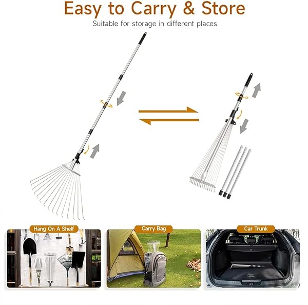 Adjustable Leaf Rake with 215 cm Handle, Adjustable Leaf Rake, Garden Rake with Handle for Leaves, Rake for Cleaning Plants, Lawn and Patio - 3