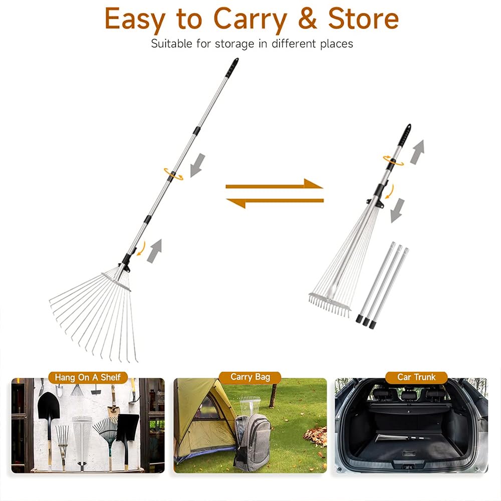 TUIBEIDAMAI Adjustable Leaf Rake with 215 cm Handle, Adjustable Leaf Rake, Garden Rake with Handle for Leaves, Rake for Cleaning Plants, Lawn and Patio in use