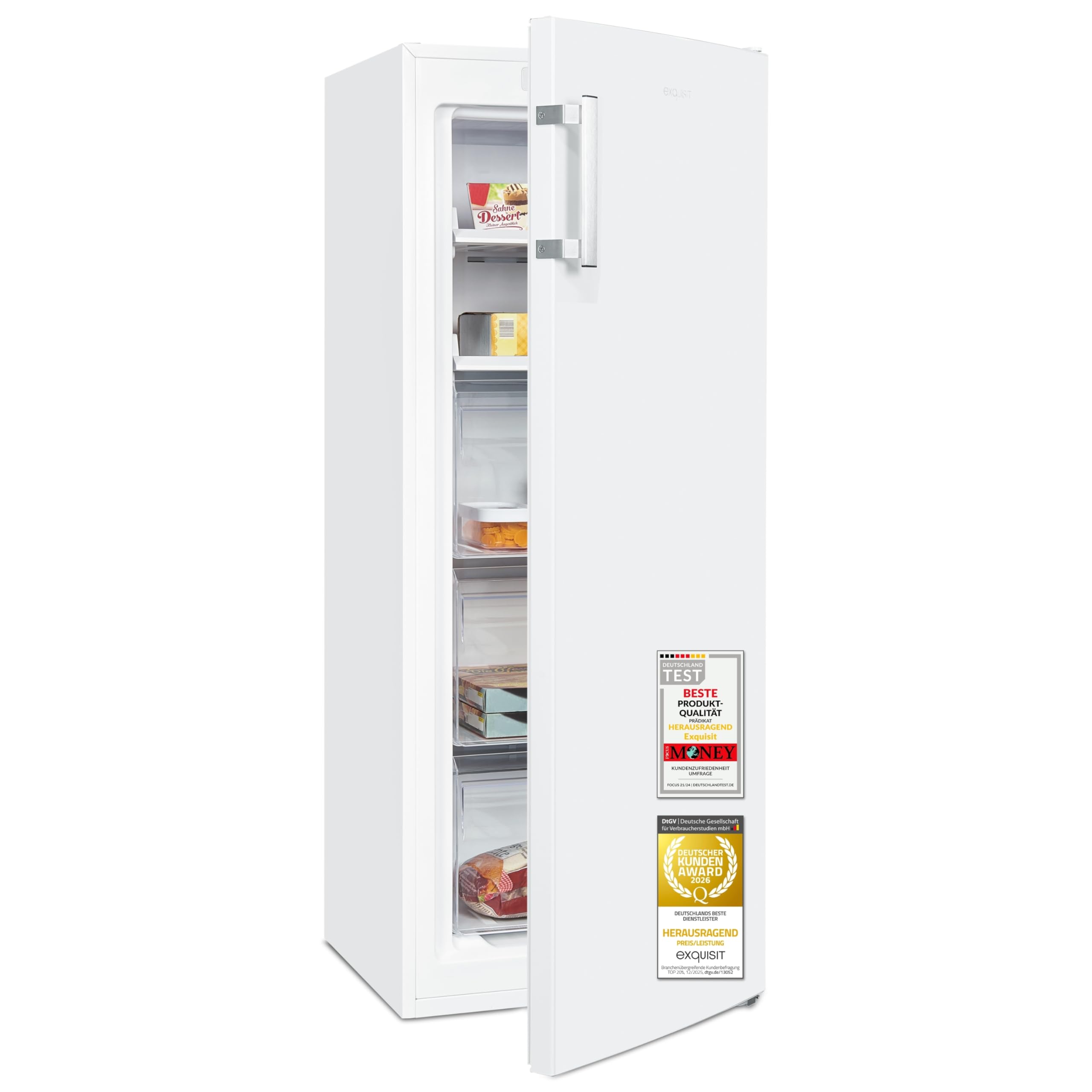 Exquisit Gefrierschrank | 161 l Nutzinhalt, Energieklasse C, 39 dB(A) | NoFrost, Schnellgefrieren, elektronische Temperaturregelung, Türalarm, wechselbarer Türanschlag | GS5231-NF-H-040C weiss