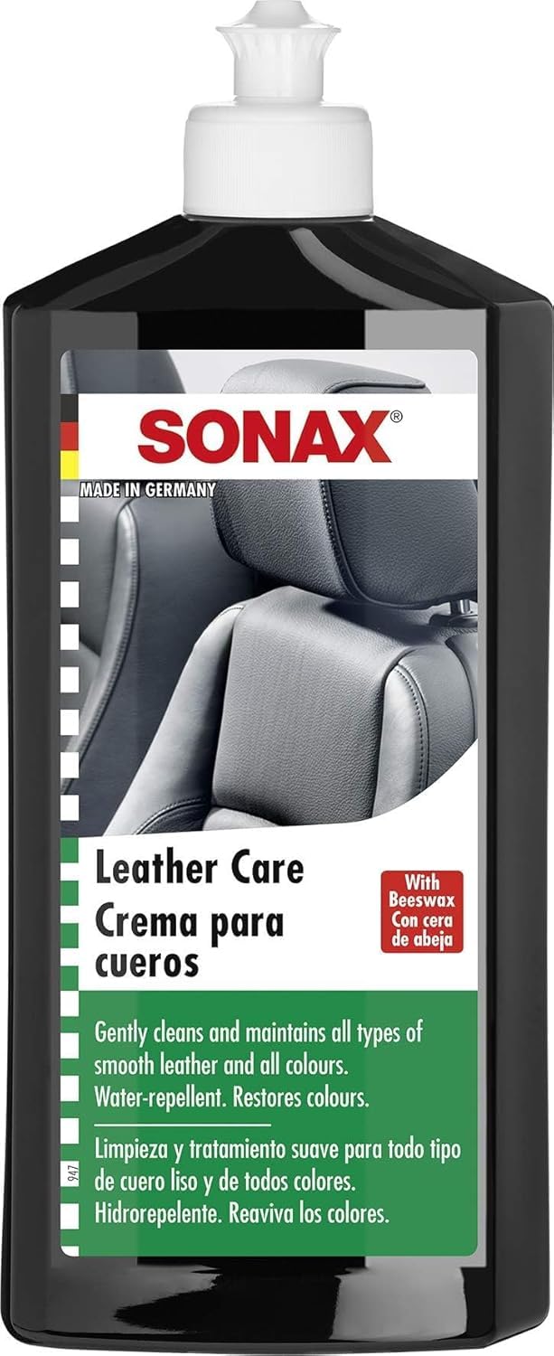SONAX 291200 balsam do pielęgnacji skóry ml) (500 ml) hydrofobowy środek do pielęgnacji skóry z woskiem pszczelim & Sonax 04168000 Ściereczka z Mikrofibry do Czyszczenia Wnętrza Pojazdu, 40 X 40 cm